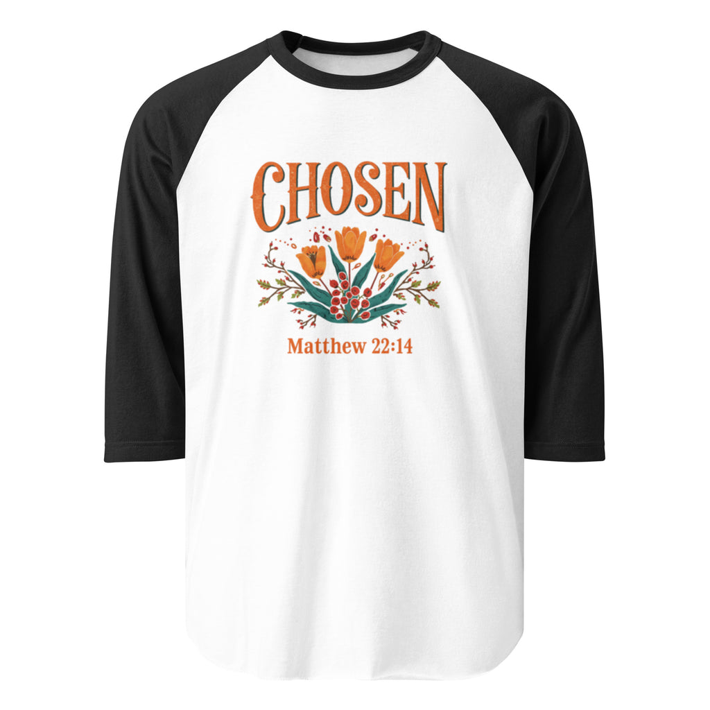 ChristWalker Chosen contrast 3/4 sleeve raglan streetwear baseball shirt in white and black colorway