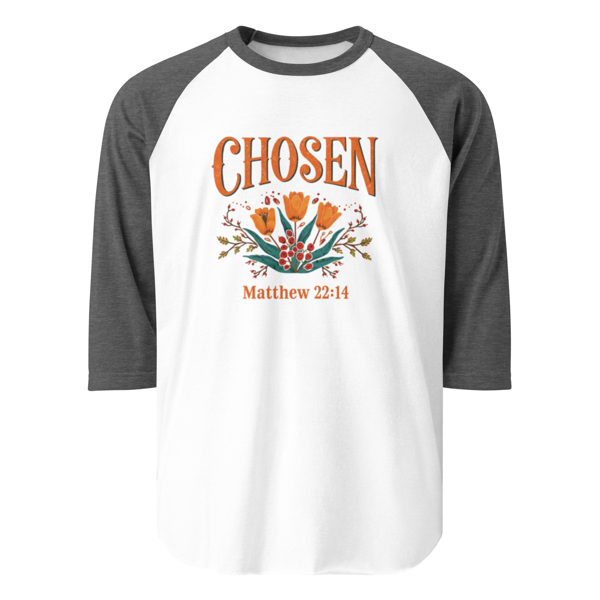 ChristWalker Chosen contrast 3/4 sleeve raglan streetwear baseball shirt in white and heather charcoal colorway