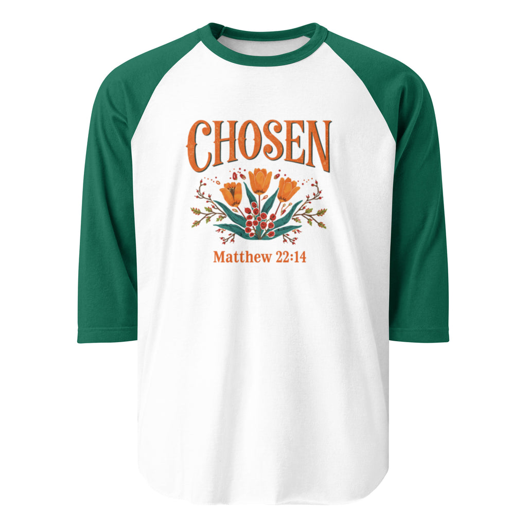 ChristWalker Chosen contrast 3/4 sleeve raglan streetwear baseball shirt in white and kelly green colorway
