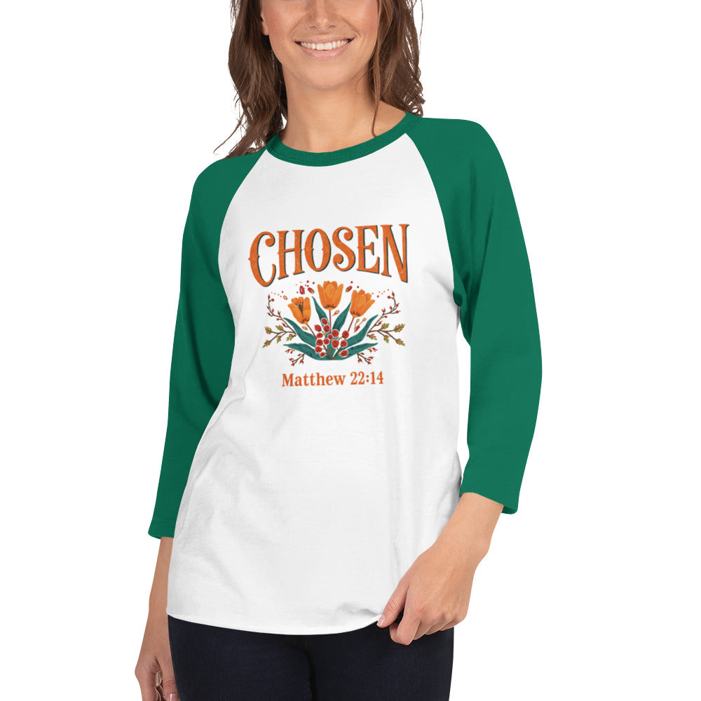 ChristWalker Chosen contrast 3/4 sleeve raglan streetwear baseball shirt in white and kelly green colorway