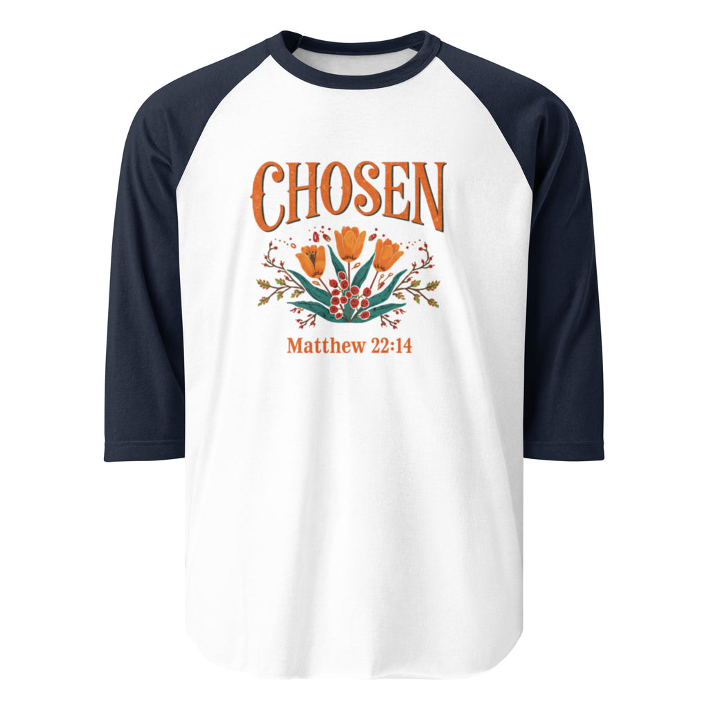 ChristWalker Chosen contrast 3/4 sleeve raglan streetwear baseball shirt in white and navy colorway