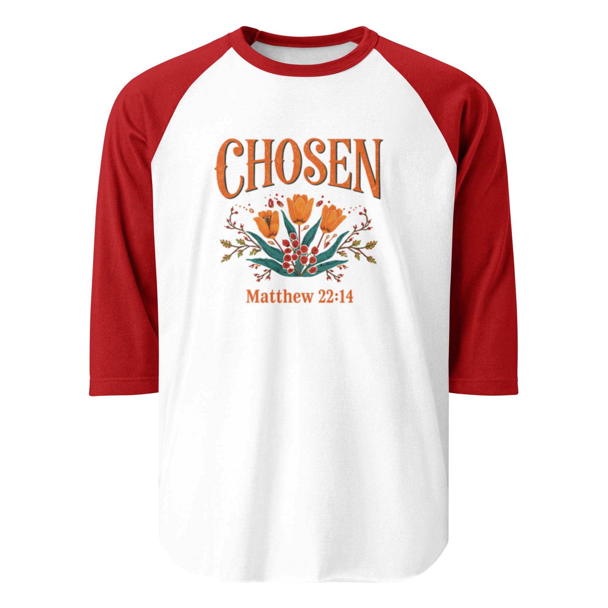ChristWalker Chosen contrast 3/4 sleeve raglan streetwear baseball shirt in white and red colorway