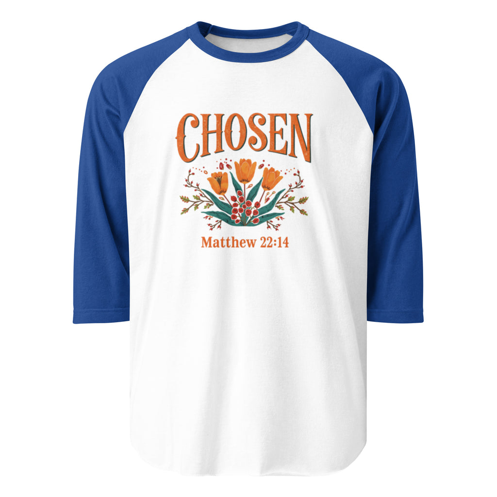 ChristWalker Chosen contrast 3/4 sleeve raglan streetwear baseball shirt in white and royal blue colorway